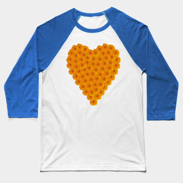 Marigold Flowers Heart Baseball T-Shirt by ellenhenryart